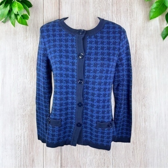 The Tog Shop Womens Cardigan Sweater Blue Black Houndstooth Long Sleeve Pocket S - Picture 1 of 10